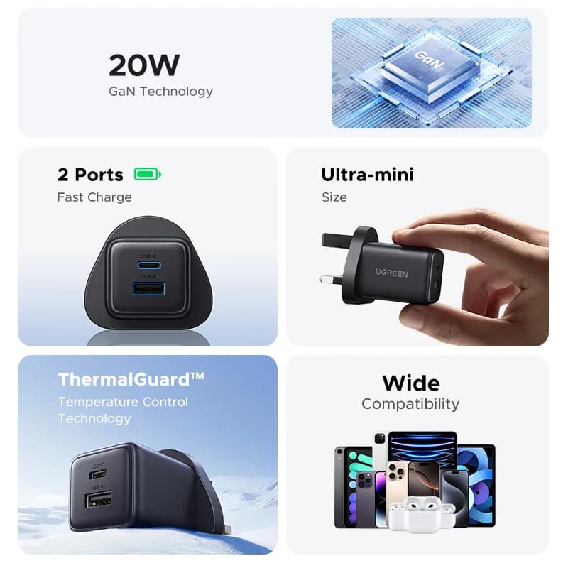 Chargeur mural GaN USB-C 20W, prise US