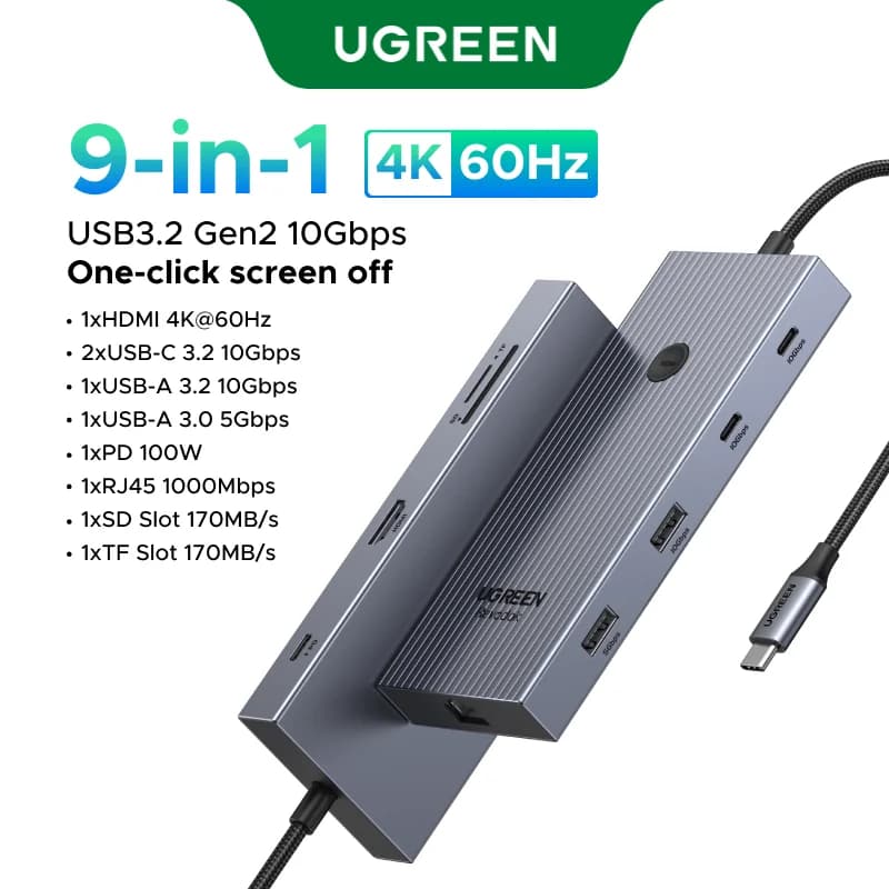 Hub USB-C avec HDMI 4K, Données 10Gbps et Bouton de Verrouillage d'Écran
