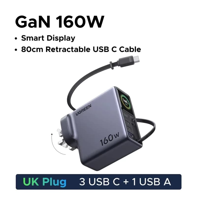 Chargeur GaN 160W avec câble rétractable et écran