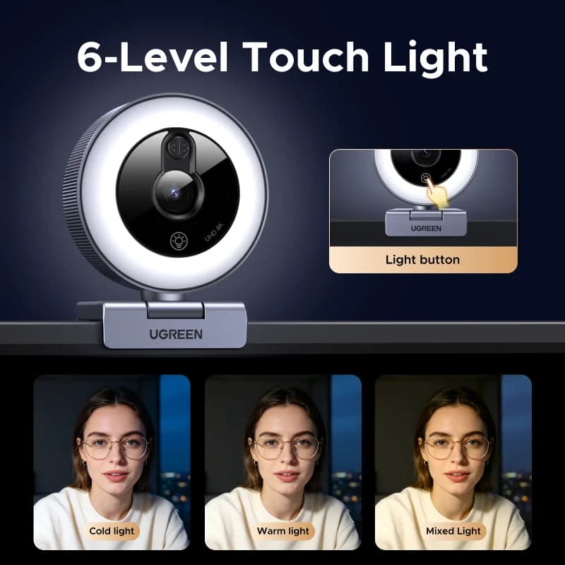 Webcam USB 4K avec anneau lumineux tactile et cache confidentialité