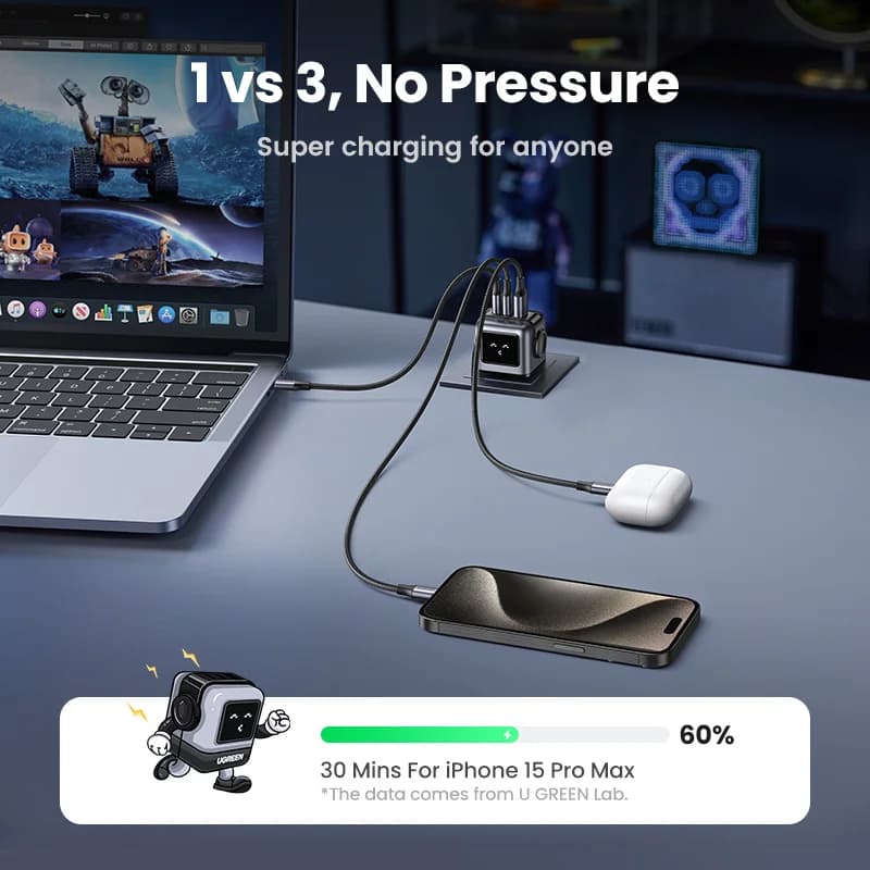 Chargeur rapide GaN USB-C 65W avec fiche UK