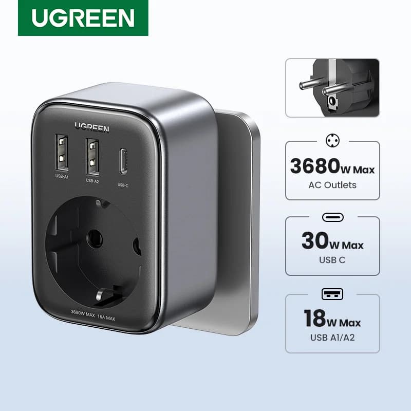 Chargeur GaN PD 30W avec prises AC et ports USB