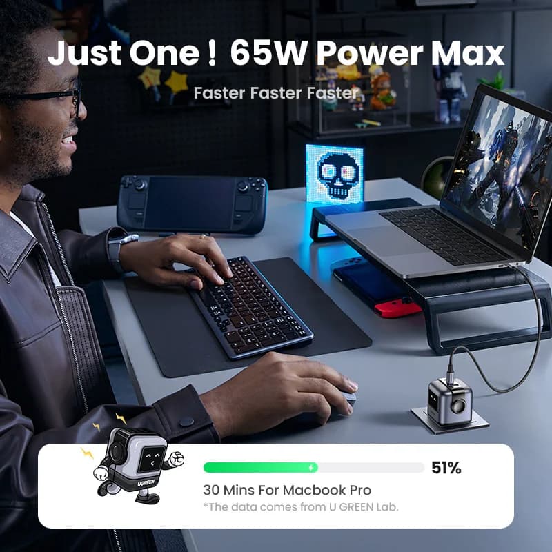 Chargeur rapide GaN USB-C 65W avec fiche UK