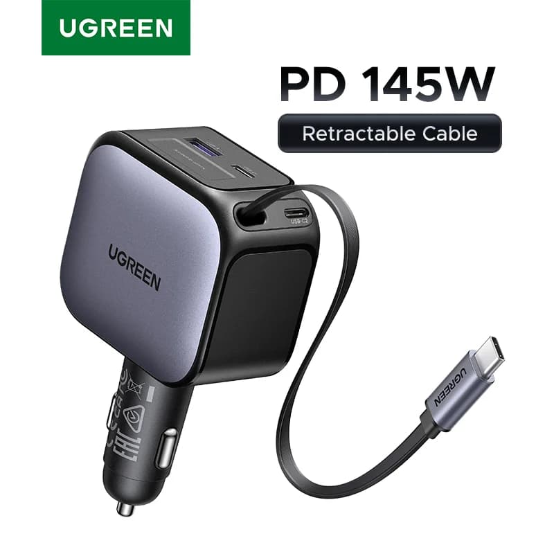 Chargeur voiture USB-C 145W avec câble rétractable